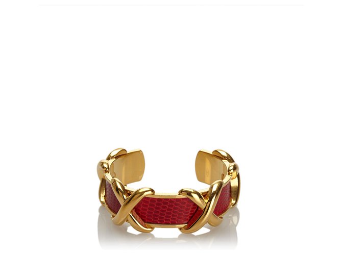 Hermès Hermes Rotes Leder Logo Armband Golden Metall  ref.172879