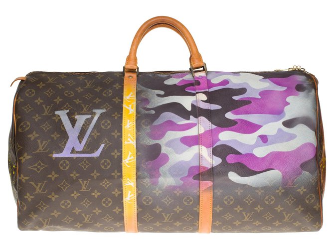 Louis Vuitton Keepall bag 60 in custom monogram canvas "Camouflage" by artist PatBo Brown Purple Leather Cloth  ref.173287