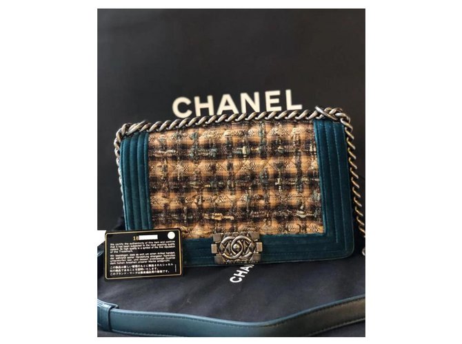 Bolso mediano Chanel Boy Castaño Azul Marrón oscuro Terciopelo Tweed  ref.173347