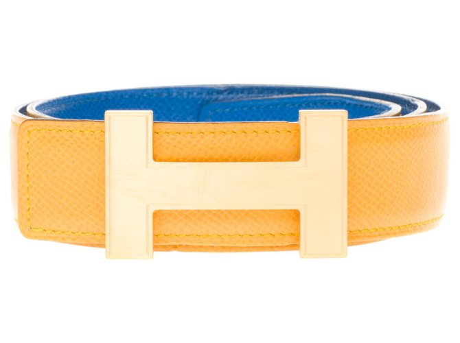 Muy bonito cinturón reversible Hermès Constance en piel de becerro epsom amarilla y azul y hebilla Quizz dorada cepillada Amarillo Cuero  ref.173502