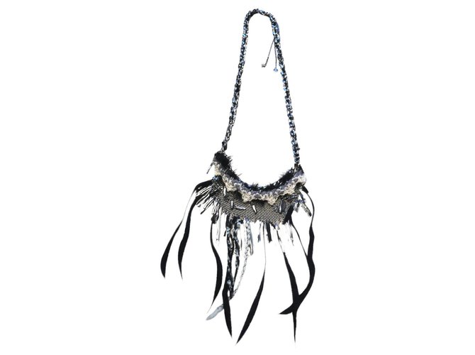 Chanel Long necklaces Black Grey Eggshell Wool Metal  ref.173777