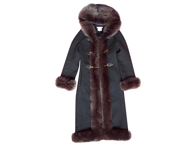 Céline coat with fox hooded lapel Dark grey Wool  ref.173778
