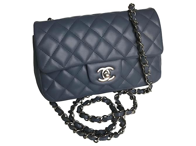 Timeless Chanel Bolsa Mini Retangular Clássica com Caixa Azul Cinza Couro