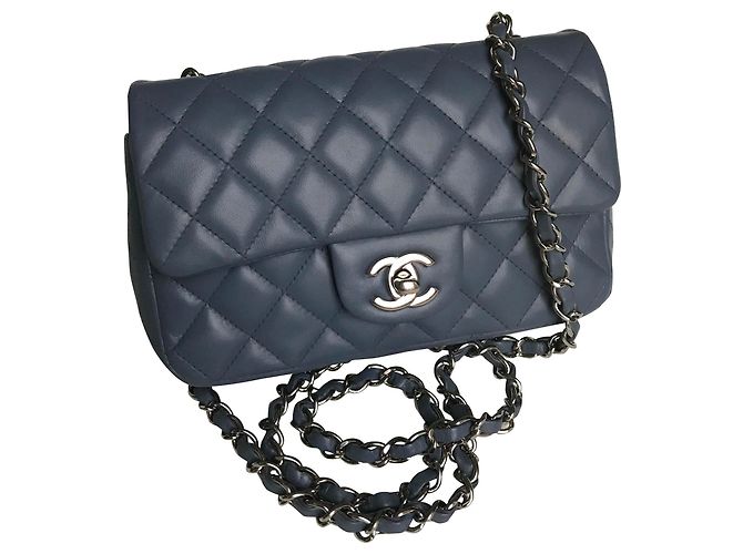 Timeless Chanel Classic Rectangular Mini Flap Bag with box Blue Grey