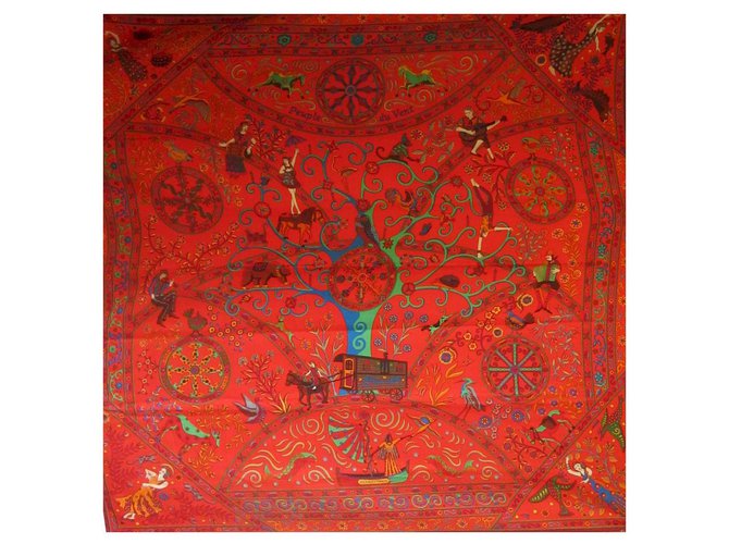 Pañuelos Hermès La Gente del Viento Roja Seda Cachemira  ref.173818