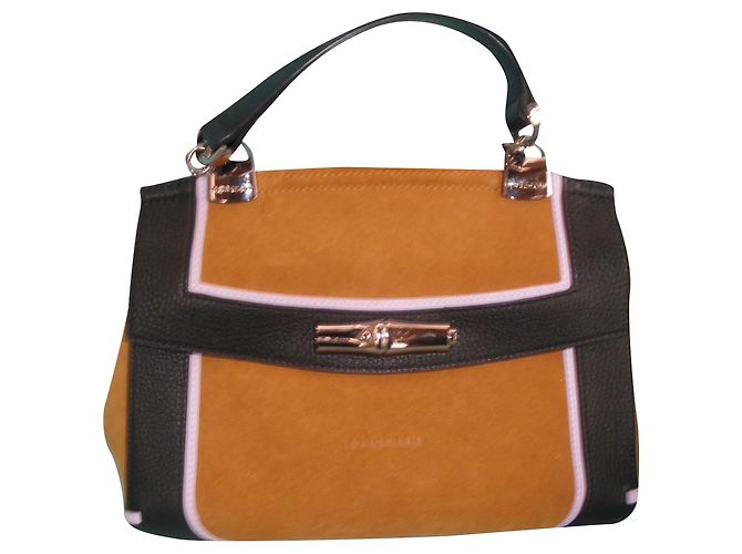 Bolsa Longchamp em camurça conhaque e couro preto Multicor