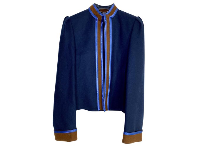 Louis Féraud Magnífica chaqueta azul con banda de satén Louis Feraud Azul marino Lana  ref.174239