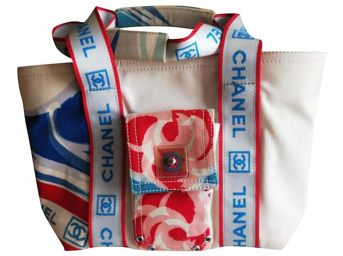 Borsa a mano Chanel in cotone bianco rosso blu