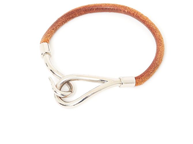 Pulseira Hermès Jumbo de Couro e Metal Prateado Prata Caramelo