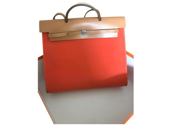 Herbag Hermès Handtaschen Orange Leder Tuch  ref.174712
