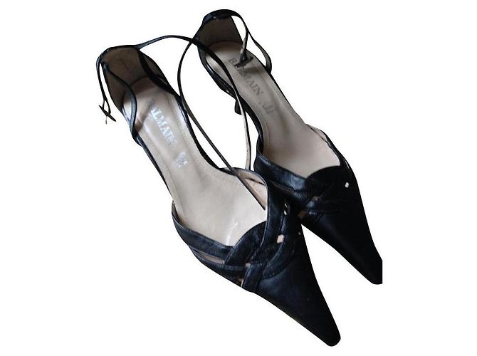 Balmain Black Leather Braided Ankle Strap Pumps