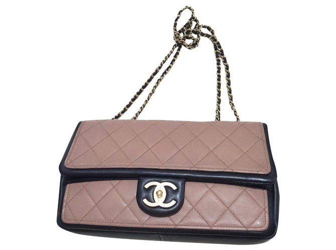 Chanel black and beige pink medium flap bag