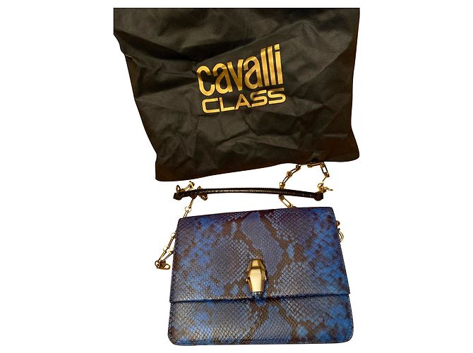 Roberto Cavalli Handtasche aus blauem Leder im Python-Stil