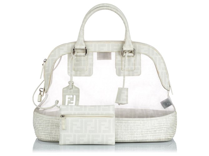 Fendi White Zucca Mesh Handbag Leather Nylon Cloth  ref.174963