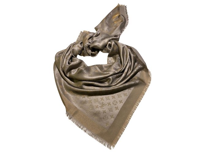 Louis Vuitton monogram shine greige shawl Gris Seda Poliéster Lana  ref.174985