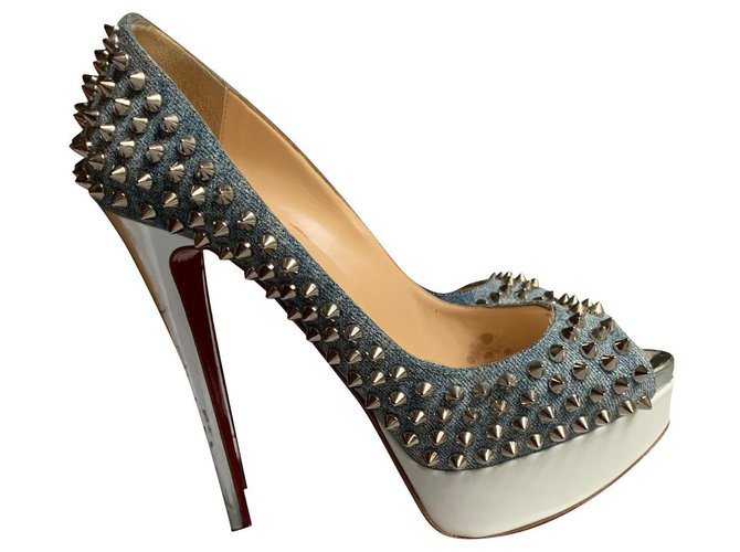 Christian Louboutin Lady peep spikes 150 patent jeans Light blue Leather  ref.175058
