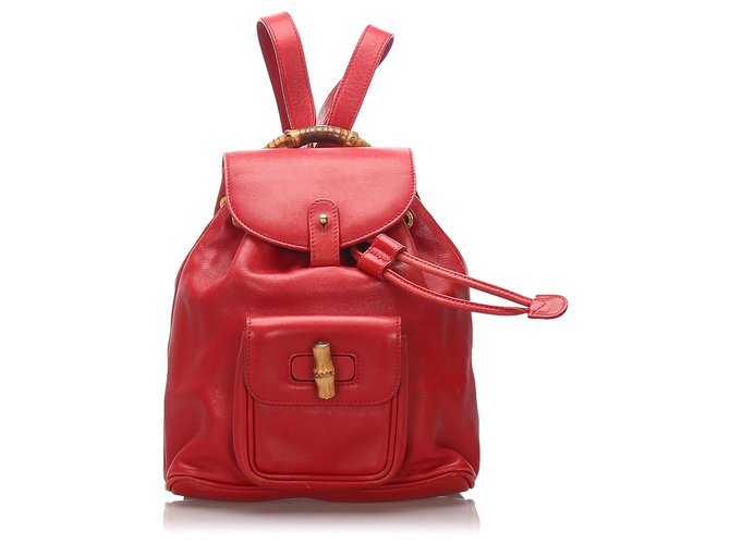 Gucci Red Bamboo Leather Drawstring Backpack  ref.175119
