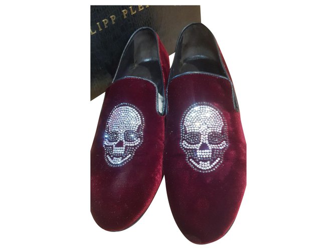 Philipp Plein rhinestone loafer skull Dark red Velvet  ref.175297