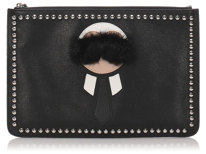 Fendi Black Leather Karlito Clutch Bag Silvery Metal  ref.175408