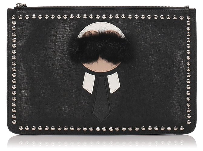 Pochette Karlito en cuir noir Fendi Métal Argenté  ref.175408