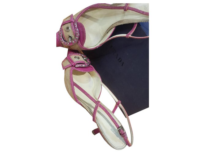 sandales Prada Cuir Toile Rose Beige  ref.175503