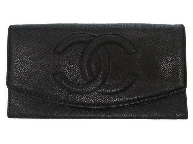 Chanel carteira longa Preto Couro  ref.175509