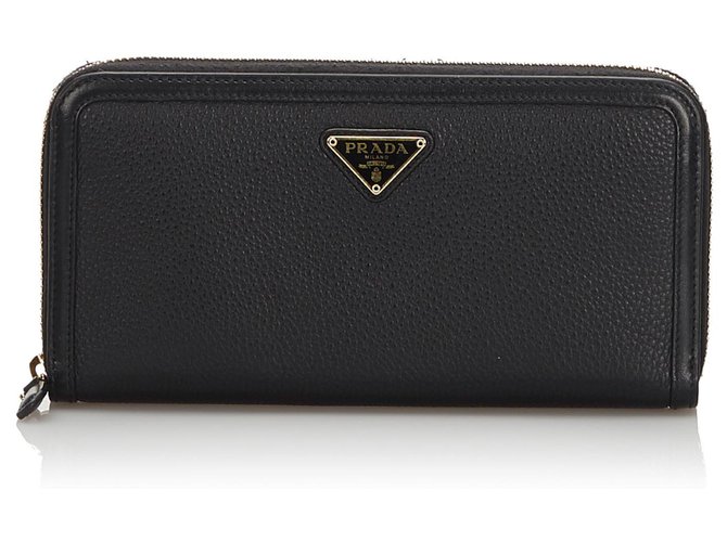 Prada Black Leather Long Wallet  ref.175563