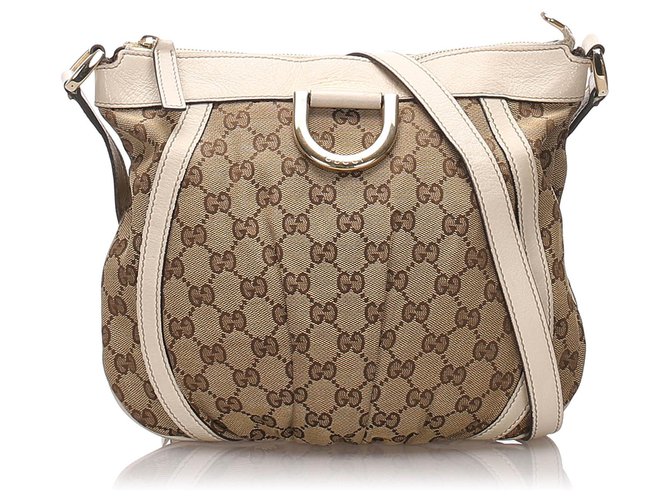 Gucci Brown GG Canvas D-Ring Crossbody Bag White Beige Leather Cloth Cloth  ref.175573