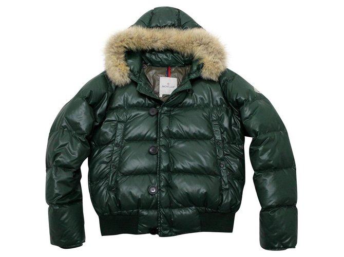 Moncler Fur Trim Down Jacket Dark Green, Genuine Fur Moncler Coat Mens
