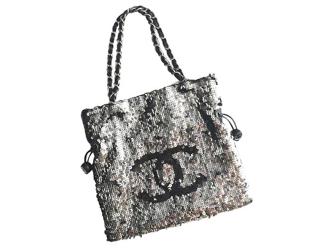 Sac cabas Chanel à sequins Noir Argenté