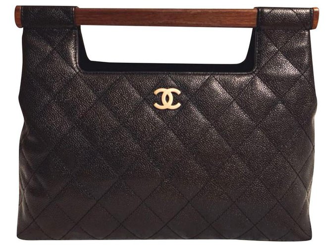 Bolso de mano Chanel con asa de madera Negro Cuero  ref.175849