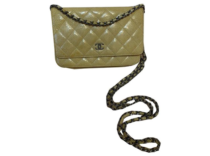 Wallet On Chain Chanel Beige Leather  ref.175904