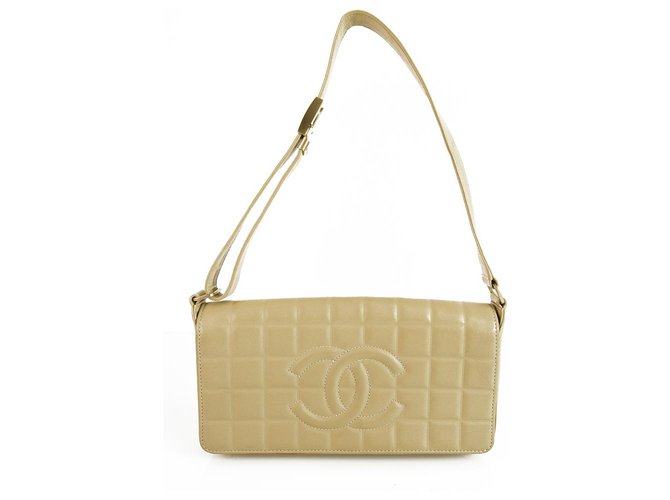 Chanel Chocolate Bar Beige Lambskin Leather Square Quilted CC Flap