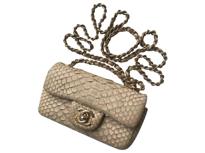 Timeless Chanel mit Box Python Mini Flap Bag Beige Leder Exotisches Leder  ref.176142