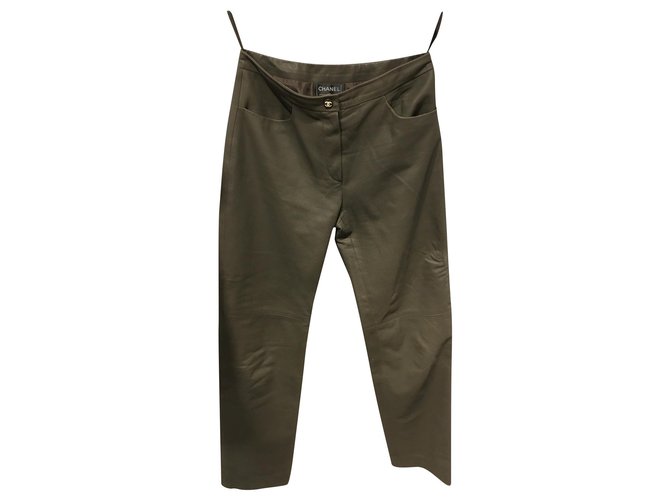 Chanel Pants, leggings Khaki Lambskin  ref.176191