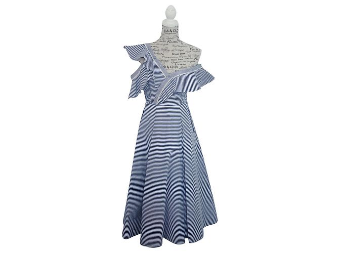 Vestido de Rayas de Algodón Self Portrait Blanco y Azul