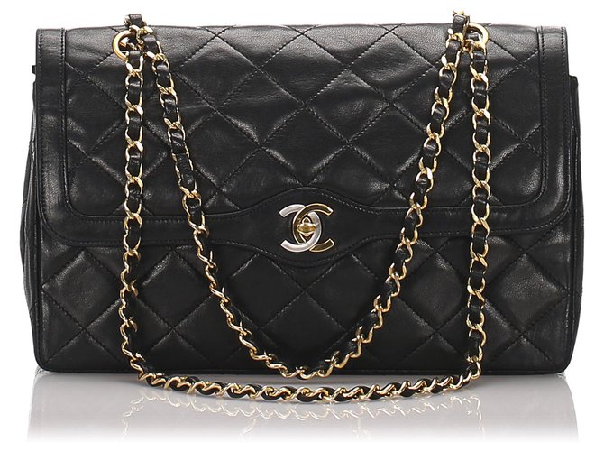 Timeless Chanel preto couro de carneiro forrado Flap Shoulder Bag  ref.176758