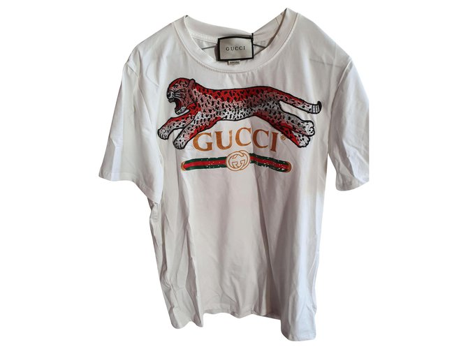 Gucci T shirt leopard Coton Blanc  ref.176932