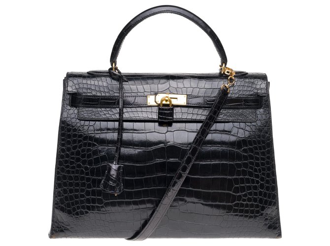 Superbe Hermès Kelly 35 bandoulière en crocodile porosus noir, garniture en métal plaqué or Cuirs exotiques  ref.176965