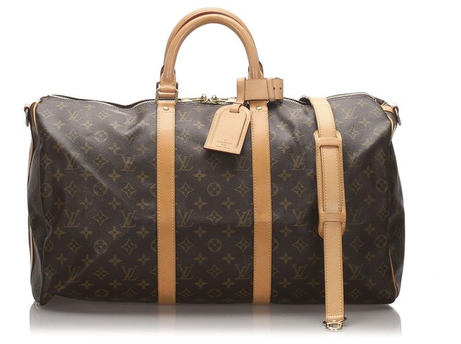 Louis Vuitton Brown Monogram Keepall Bandouliere 50 Castaño Cuero Lienzo Becerro  ref.176995