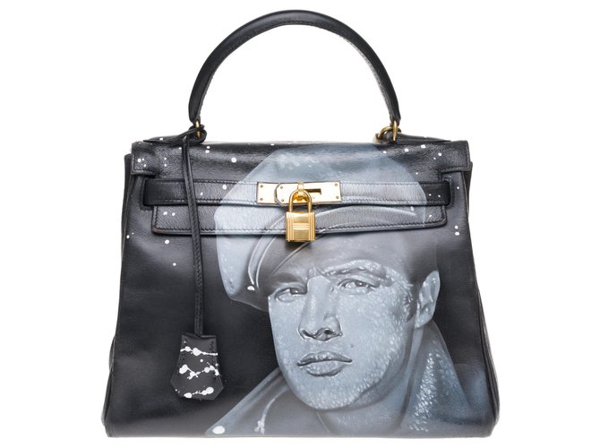 Hermès Hermes Kelly 28cm em couro preto personalizado "Marlon Brando" #55 por PatBo, jóias de ouro em bom estado!  ref.177044