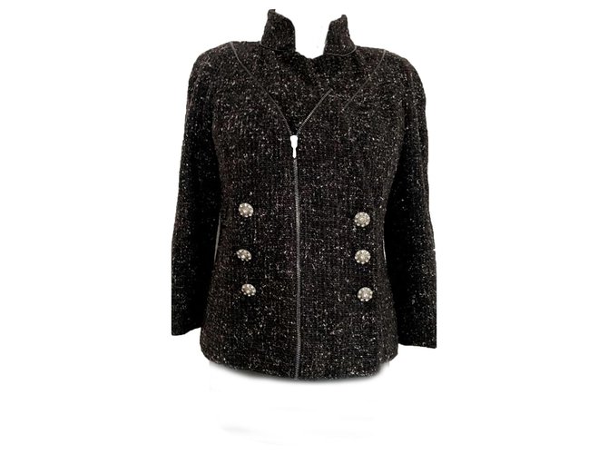 Chanel jaqueta de tweed metálica Preto  ref.177265