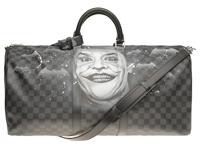 Louis Vuitton Keepall 55 checkerboard with custom strap "BATBAG II" by artist PatBo! Black Blue Leather Cloth  ref.177547