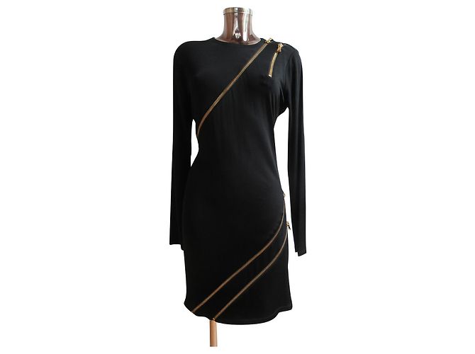Pierre Balmain Schwarzes Viscose Kleid mit goldenen Reißverschlüssen