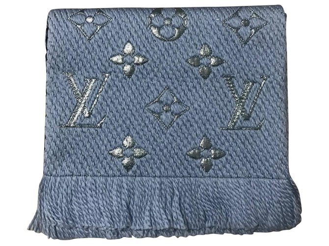 Sciarpa Louis Vuitton Logomania azzurra Blau Seide Polyester Wolle  ref.178185