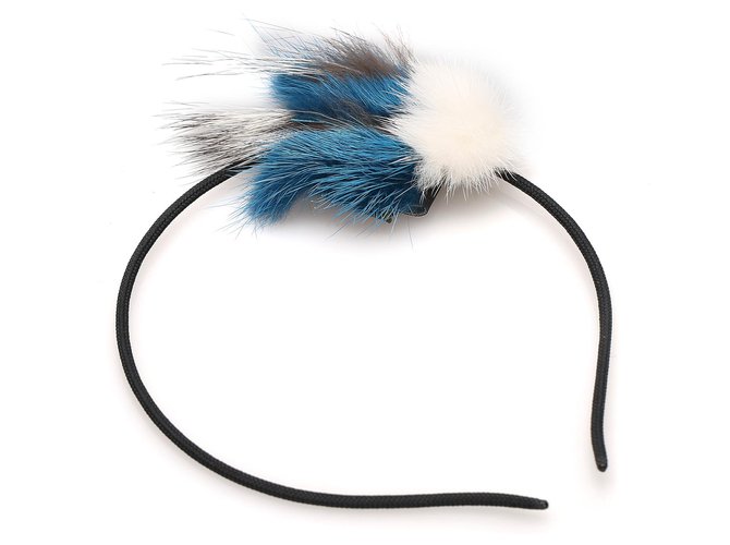 Fendi Blue Fur-Trimmed Headband Black Nylon Cloth  ref.178221