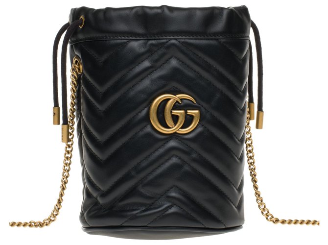 Gucci Mini bucket GG Marmont bag in black herringbone leather, new condition  ref.178273
