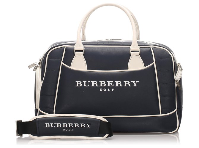 Burberry Blue Leather Logo Travel Bag White Dark blue Pony-style calfskin  ref.178537