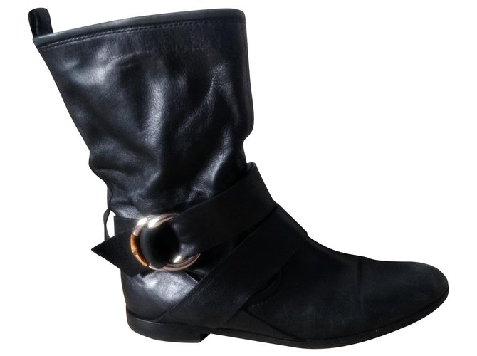 Gucci buckled ankle boots with bamboo ring in black leather  ref.178545