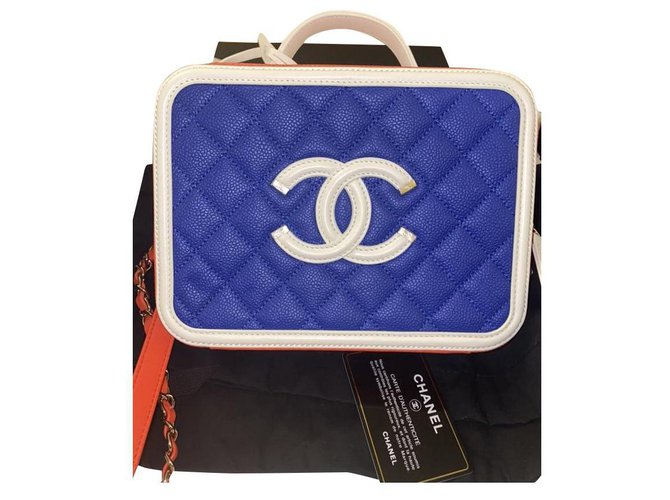 CHANEL Caviar Quilted Small CC Filigree Vanity Case Blue White Red